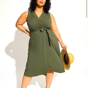 Green slub sleeveless shirt dress midi rayon
